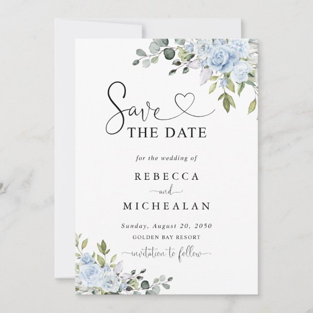 Soft Blue Botanical Wedding Save The Date Invitation (Front)