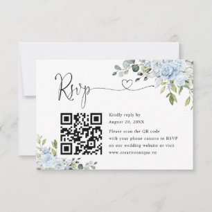 Soft Blue Botanical Wedding Website QR Code RSVP Card