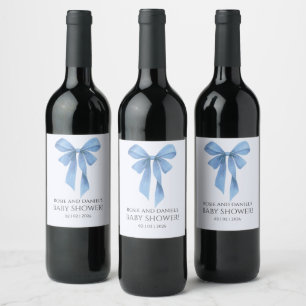 Soft Blue Bow Boy Baby Shower Wine Label