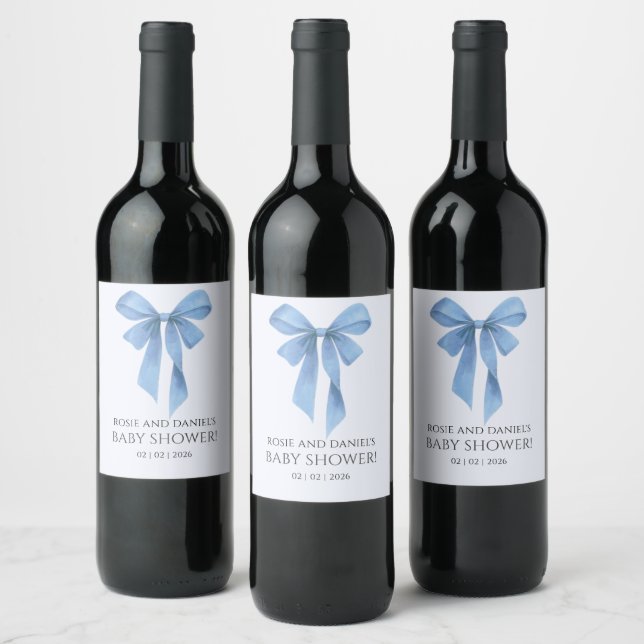 Soft Blue Bow Boy Baby Shower Wine Label (Bottles)