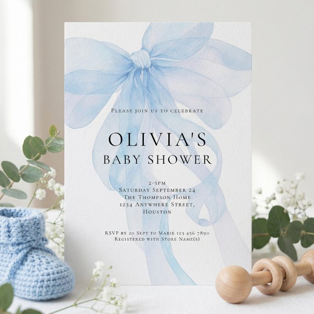Soft Blue Bow Text Overlay Baby Shower Invitation (Creator Uploaded)