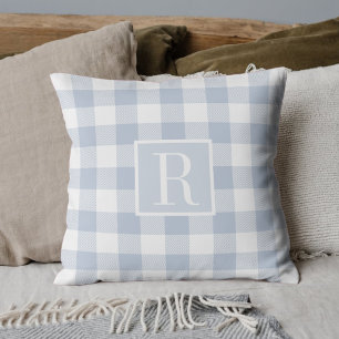 Soft Blue Buffalo Check Initial Throw Pillow