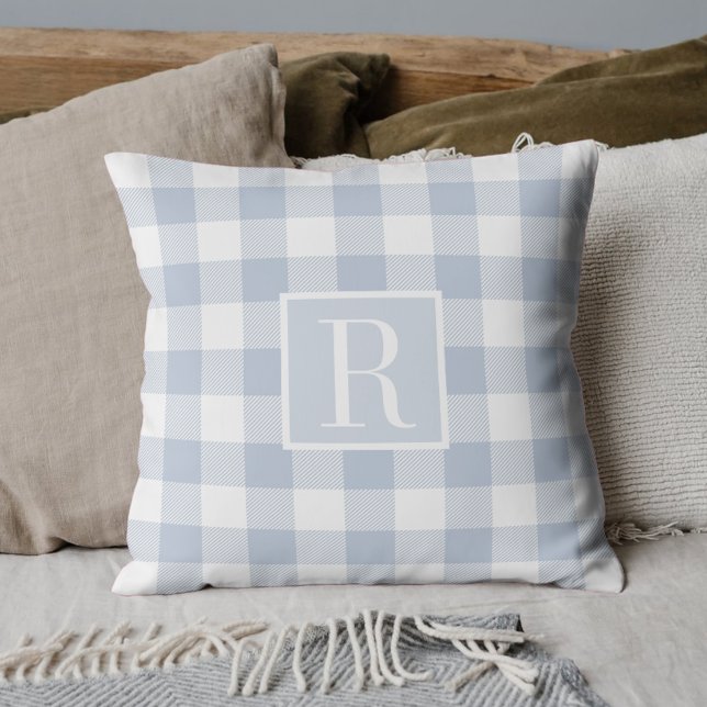 Soft Blue Buffalo Check Initial Throw Pillow (Creator Uploaded)