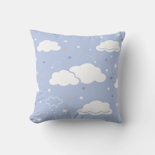 Soft Blue Cloud And Stars Pattern Throw Pillow (Front)
