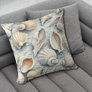 Soft Blue Coastal Seashell Watercolor Throw Pillow