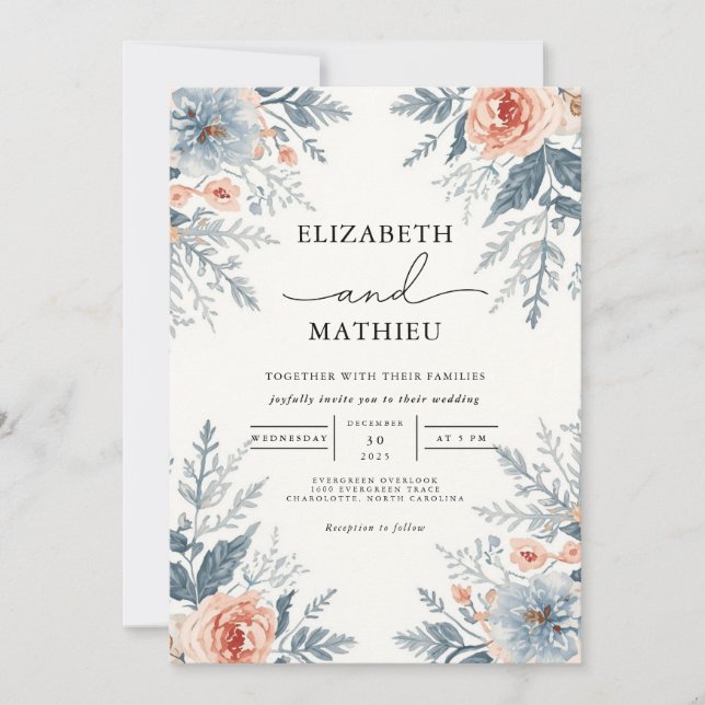 Soft Blue Coral Botanical Wedding Invitation (Front)