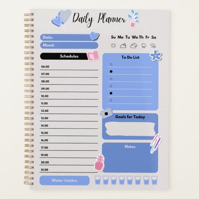 Soft Blue Daily Planner with Mood & Water Track (Devant)