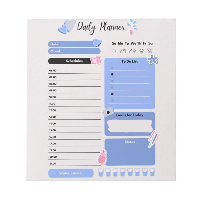 Soft Blue Daily Planner with Mood & Water Track Notepad (Front)