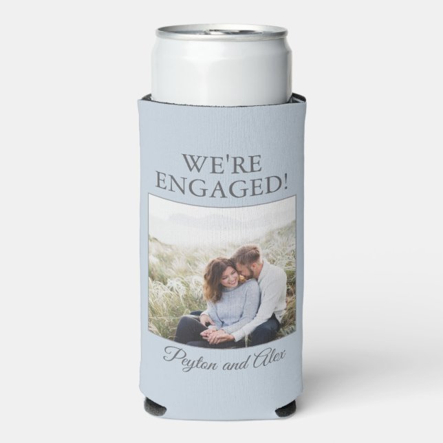 Soft Blue Engagement Party Photo We're Engaged Seltzer Can Cooler (Seltzer Front)