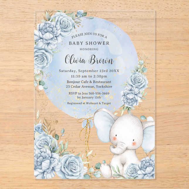 Soft Blue Floral Balloon Elephant Boy Baby Shower Acrylic Invitations (Front)