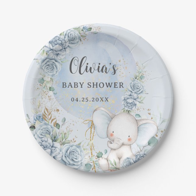 Soft Blue Floral Balloon Elephant Boy Baby Shower Paper Plate (Front)