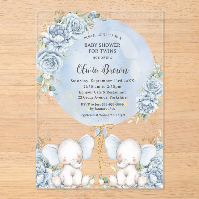 Soft Blue Floral Cute Elephants Twins Baby Shower Acrylic Invitations (Front)