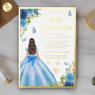 Soft Blue Floral Dress Butterfly Quinceanera Gold
