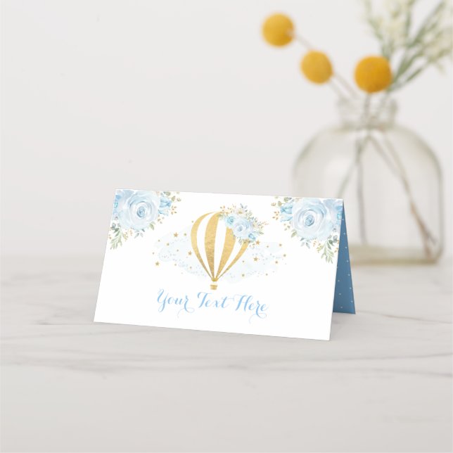 Soft Blue Floral Hot Air Balloon Adventure Shower Place Card (Front)