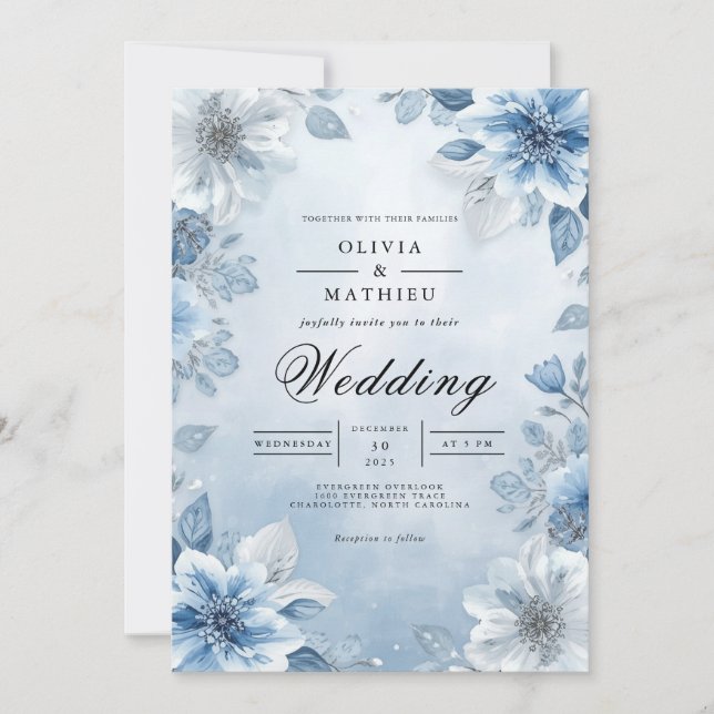 Soft Blue Floral Watercolor Wedding Invitation (Front)