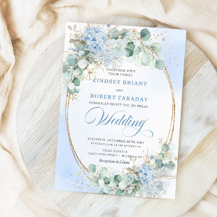 Soft Blue Floral Wheat Gold Oval Wedding Invite