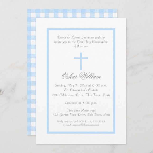 Soft Blue Frame and Buffalo Plaid First Communion Invitation (Front/Back)
