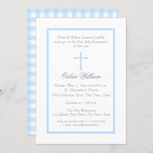 Soft Blue Frame and Buffalo Plaid First Communion Invitation