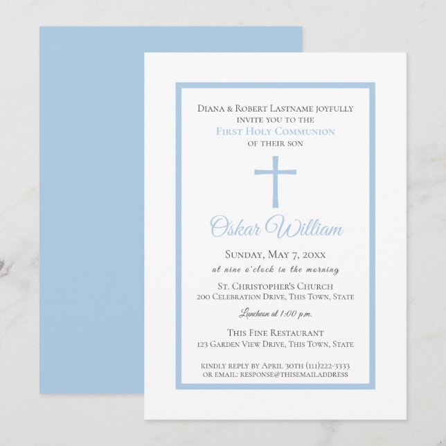 Soft Blue Frame First Communion Invitation (Front/Back)