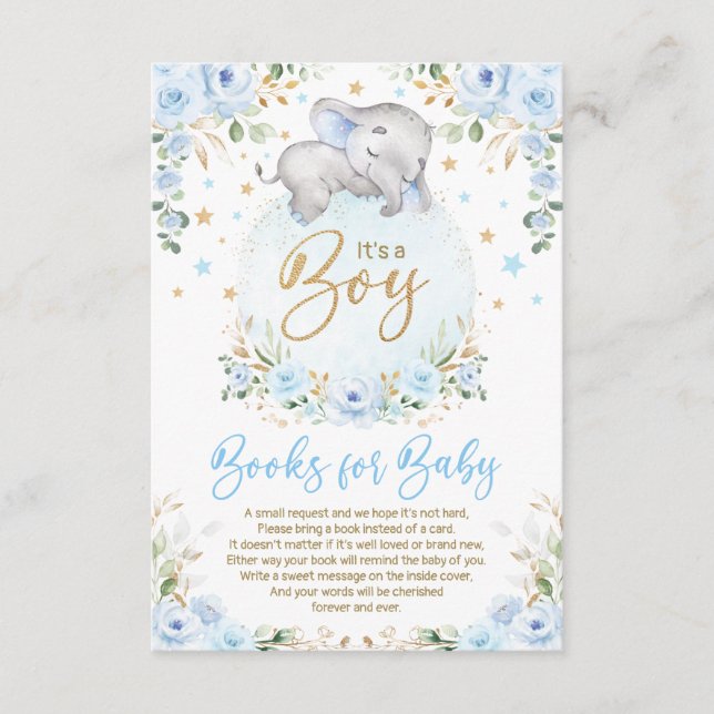 Soft Blue Gold Elephant Books for Baby Boy Enclosure Card (Front)