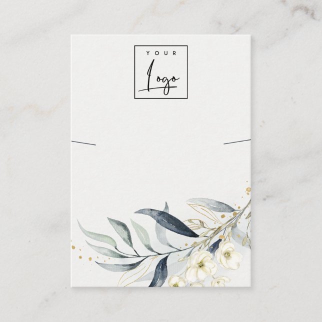 Soft Blue Gold Leaf Botanical Logo Necklace Holder Business Card (Front)