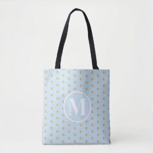Soft Blue Gold Polka Dots White Monogram Tote Bag