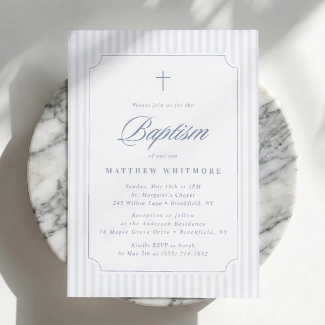 Soft Blue-Gray Striped Baptism Invitation (Creator Uploaded)