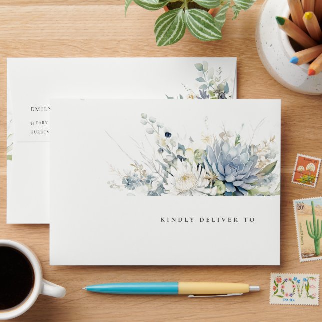 Soft Blue Green Succulent Floral Botanical Wedding Envelope (Desk)