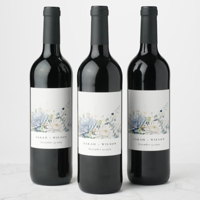 Soft Blue Green Succulent Floral Botanical Wedding Wine Label (Bottles)