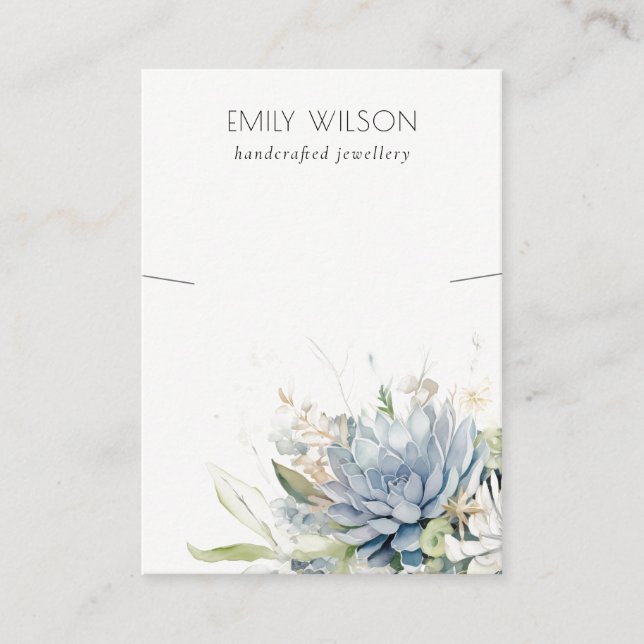 Soft Blue Green Succulent Floral Necklace Display Business Card (Front)