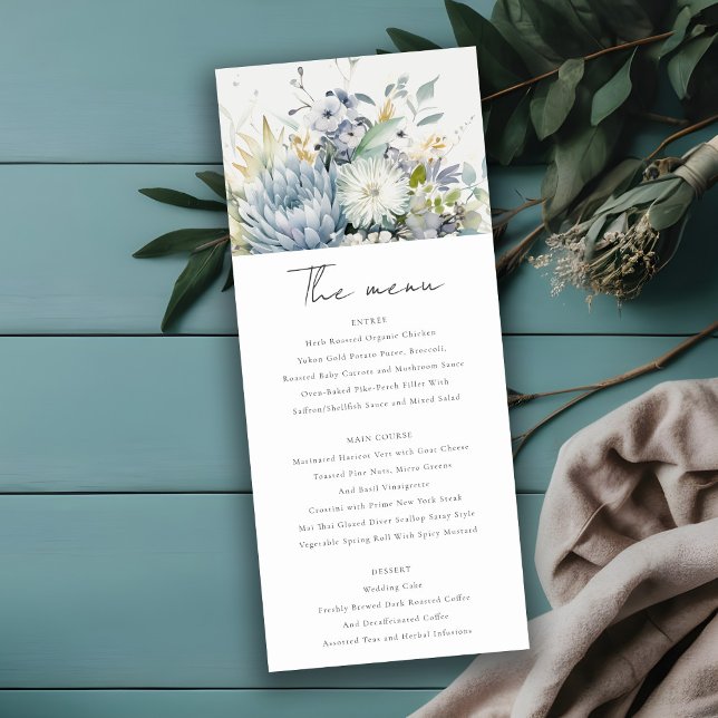 Soft Blue Green Succulent Floral Wedding Menu Card (Creator Uploaded)