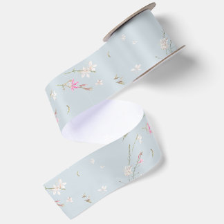 Soft Blue Grey Gaura Watercolor Floral Satin Ribbon