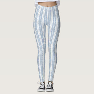 Soft Blue Herringbone Fern Striped Pattern Leggings