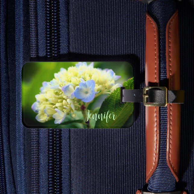 Soft Blue Hydrangea Flower Personalized Luggage Tag (Front Insitu 4)