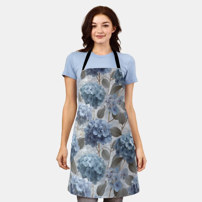 Soft Blue Hydrangea Grey Floral Pattern Apron (Worn)