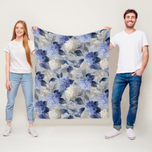 Soft Blue Hydrangea Grey Floral Pattern Fleece Blanket