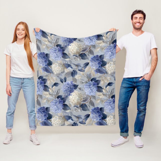 Soft Blue Hydrangea Grey Floral Pattern Fleece Blanket (In Situ)