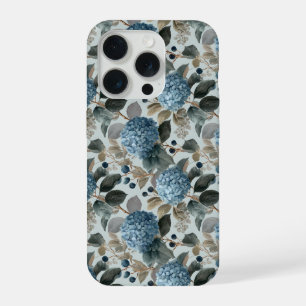 Soft Blue Hydrangea Grey Floral Pattern iPhone 15 Pro Case