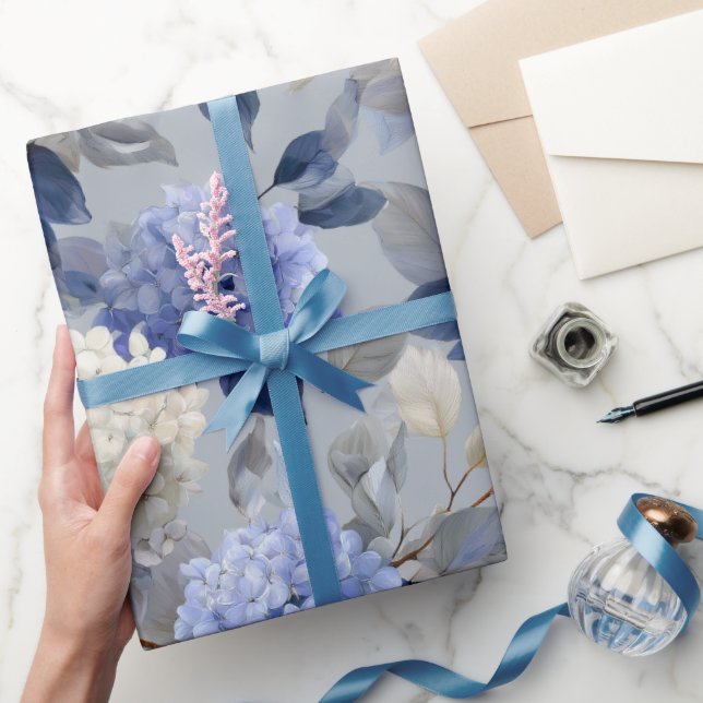 Soft Blue Hydrangea Grey Floral Pattern Wrapping Paper (Gifting)