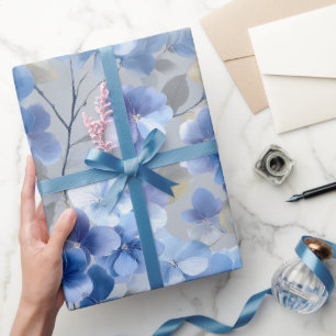Soft Blue Hydrangea Grey Floral Pattern Wrapping Paper