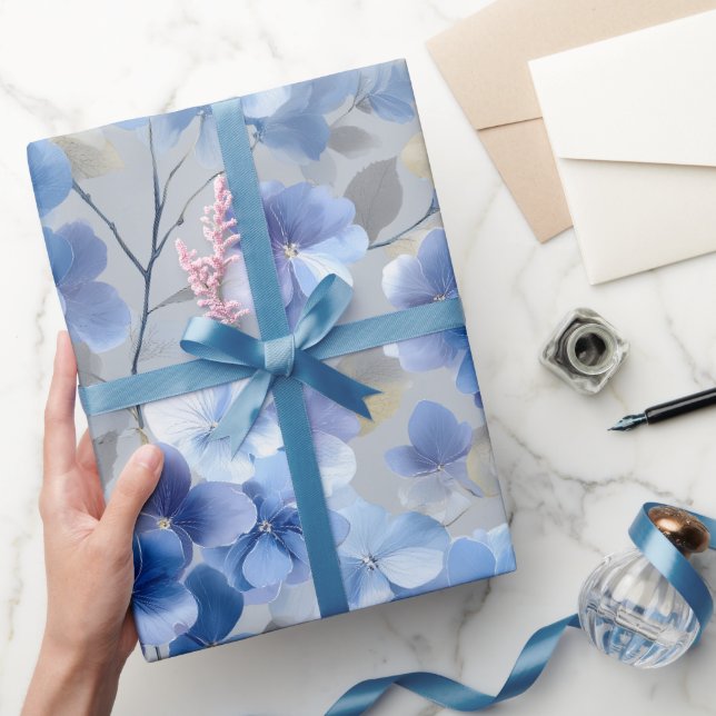 Soft Blue Hydrangea Grey Floral Pattern Wrapping Paper (Gifting)