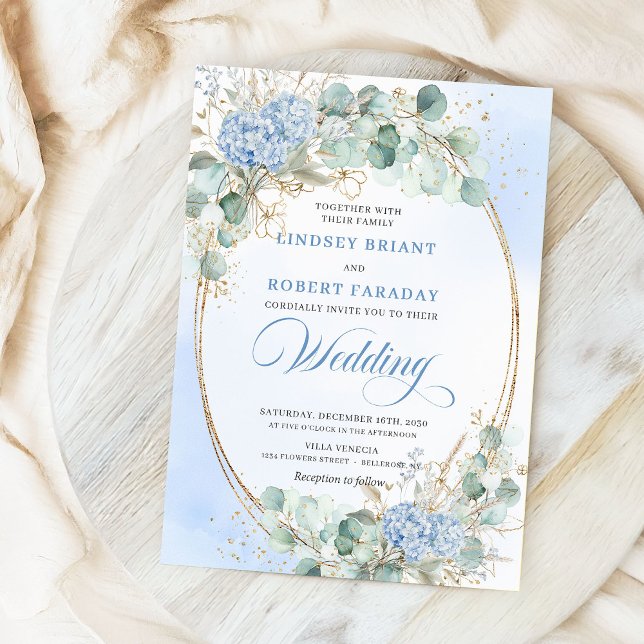Soft Blue Hydrangea Wheat Gold Elegant Wedding  Invitation (Soft Blue Hydrangea Wheat Gold Elegant Wedding Invite)