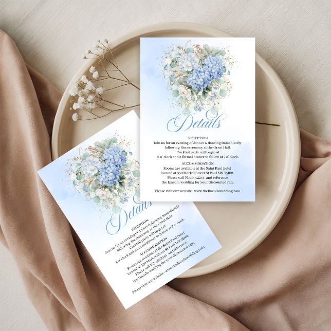 Soft Blue Hydrangeas Gold Wedding Details Card (Soft Blue Hydrangeas Gold Wedding Details Card)