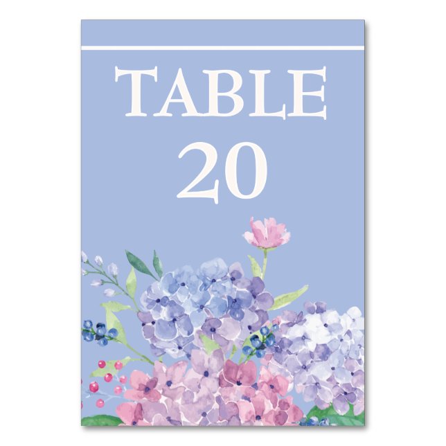 Soft Blue, Hydrangeas Wedding Reception Dining Table Number (Front)