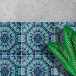 Soft Blue Indigo Kaleidoscope Geometric Pattern Tile<br><div class="desc">This ceramic tile features a mesmerizing mosaic geometric design. The intricate patterns and symmetrical shapes converge to create a visually striking centerpiece. The tile is adorned with various shades of blue, ranging from deep navy to soft turquoise. These colours are artfully arranged to enhance the depth and dimension of the...</div>