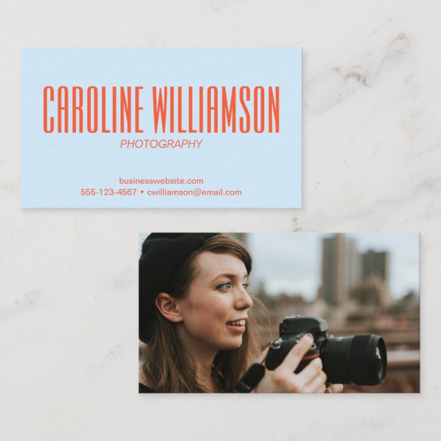 Soft Blue Orange Bold Name Photo Back Photographer Business Card (Front/Back)