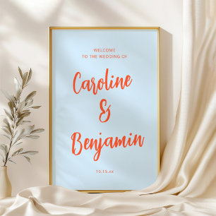 Soft Blue Orange Script NamesWedding Welcome Sign 