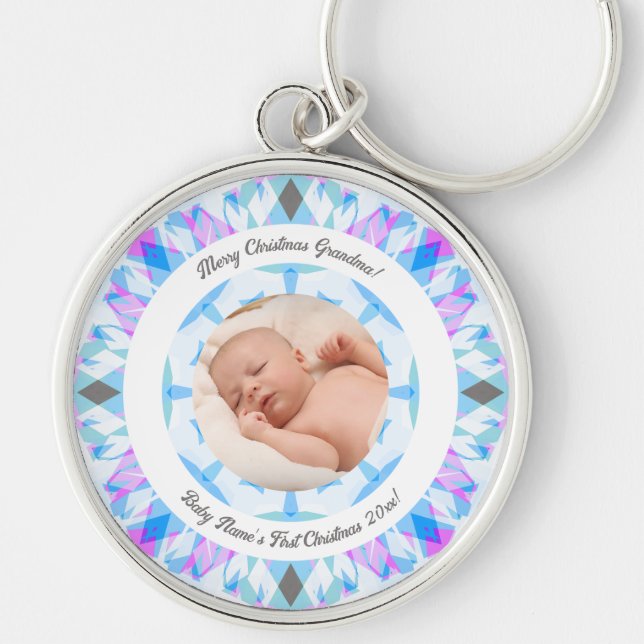 Soft Blue Pastels Custom Christmas Grandma Photo Keychain (Front)