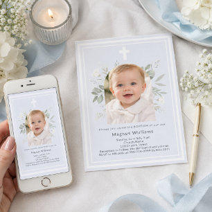 Soft blue photo boy white florals arch Baptism Invitation