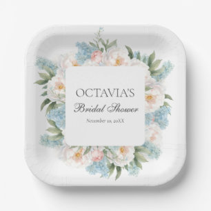 SOFT BLUE PINK BLOOMING FLOWERS BRIDAL MONOGRAM PAPER PLATE